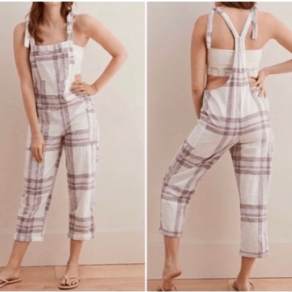 Aerie purple plaid tie shoulder cotton cropped overalls medium